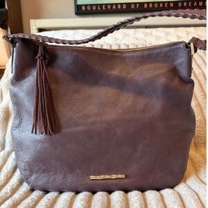 Elaine Turner Purple Pebbled Leather Hobo Shoulder Bag Braided Strap Tassel Plum